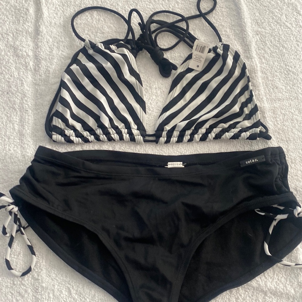 Very cute black and white striped bikini with high-rise brief bottoms